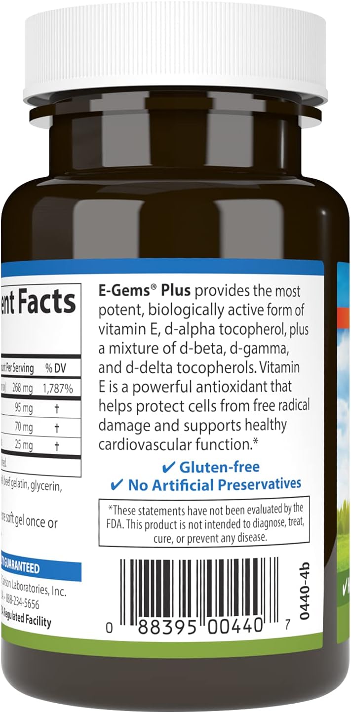 Carlson Labs E-Gems Plus Natural Vitamin E, 400 IU, 50 Softgels