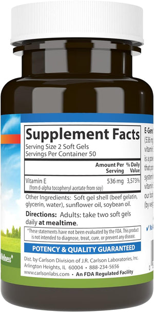 Carlson - E-Gems 800 IU (536 mg), Natural-Source Vitamin E, Optimal Wellness, 50 Soft Gels