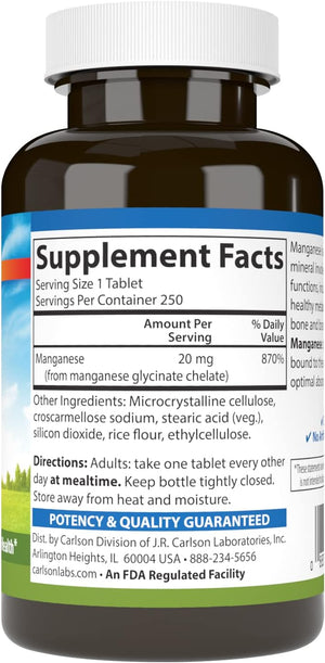 Carlson - Chelated Manganese, 20 mg - Superior Absorption, Healthy Metabolism, Bone Support & Brain Health, 250 Tablets