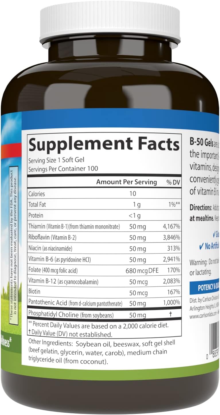 Carlson - B-50 Gels, Vitamin B Complex, Energy Production, Cellular Support &amp; Optimal Wellness, 100 Softgels