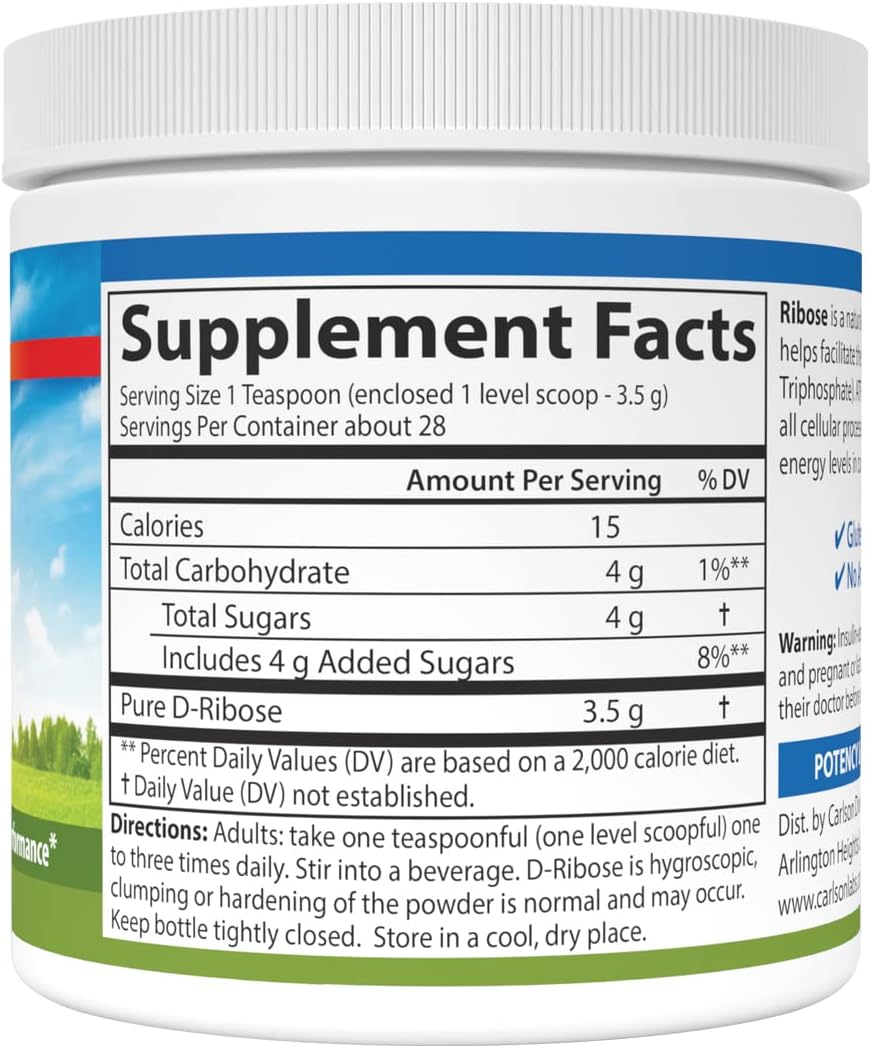 Carlson - Ribose, 100% Pure D-Ribose, Non-GMO, Energy Production, Muscle Recovery &amp; Athletic Performance, 3.53 oz (100 g)