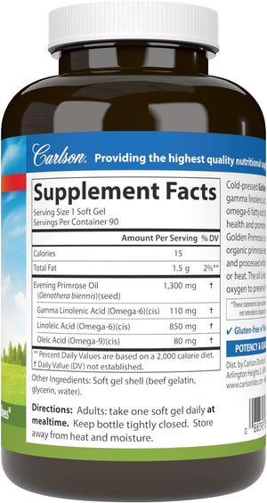 Carlson - Golden Primrose, 1300 mg Evening Primrose Oil, Cold-Pressed, Healthy Skin, Women's Health & Optimal Wellness, 90 Softgels