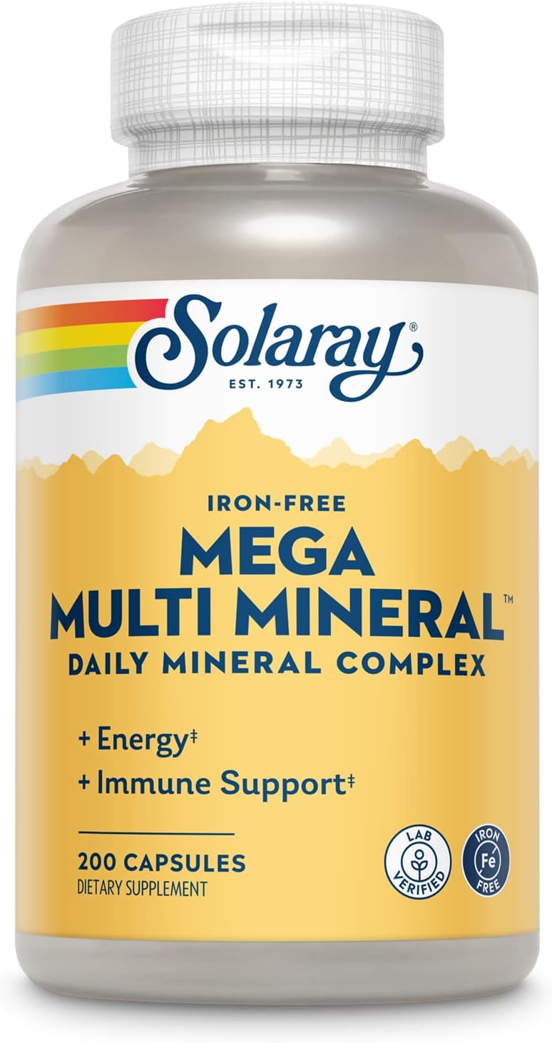 SOLARAY Mega Multi Mineral, Iron Free - Daily Mineral Supplement w/Trace Minerals, Electrolytes, Calcium, Magnesium, Zinc, Selenium, Boron -Cellular Energy, Immune Support, 60-Day Guarantee, 50 Serv