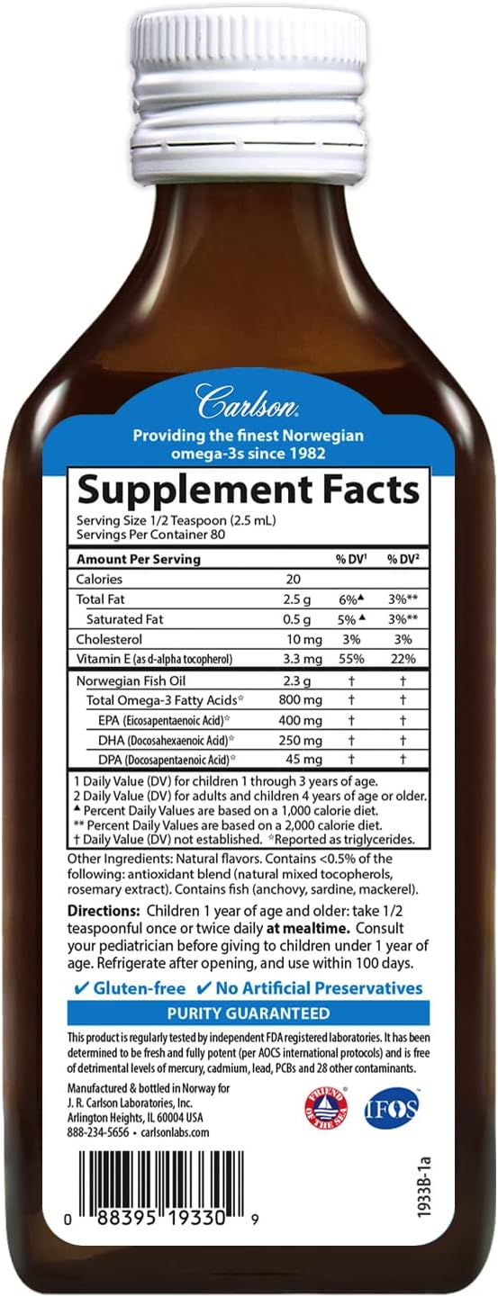 Carlson - Kid's The Very Finest Fish Oil, 800 mg Omega-3s, Liquid Fish Oil Supplement, Norwegian Fish Oil, Wild-Caught, Sustainably Sourced , Mixed Berry, 200 mL (6.7 Fl Oz)