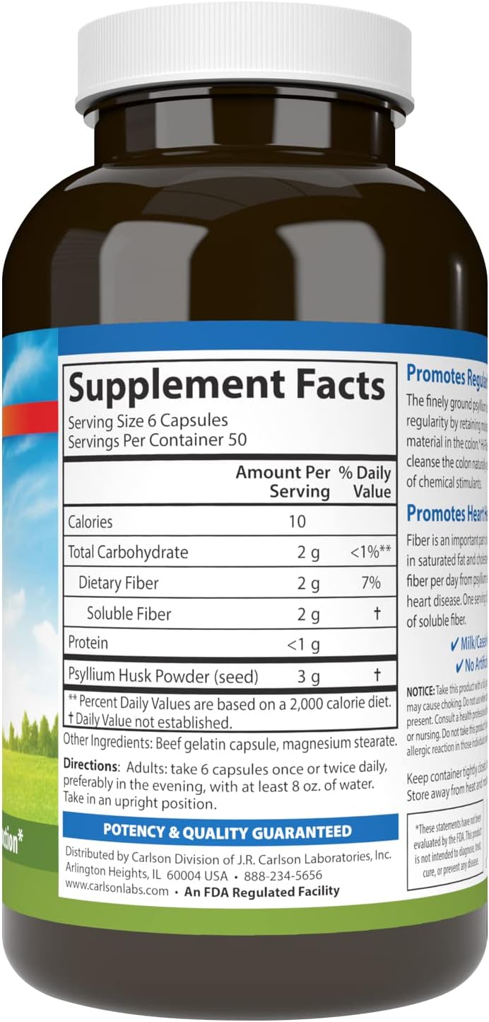 Carlson - Hi-Fiber, 3 g, Psyllium Husk Capsules, Regularity, Colon Health &amp; Heart Function, 300 Capsules
