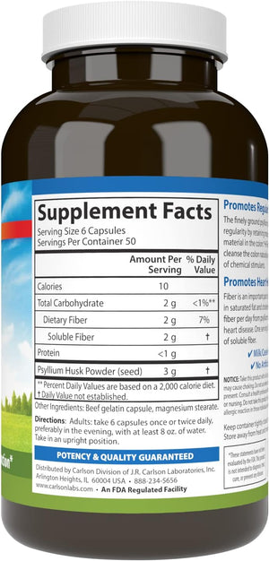 Carlson - Hi-Fiber, 3 g, Psyllium Husk Capsules, Regularity, Colon Health & Heart Function, 300 Capsules