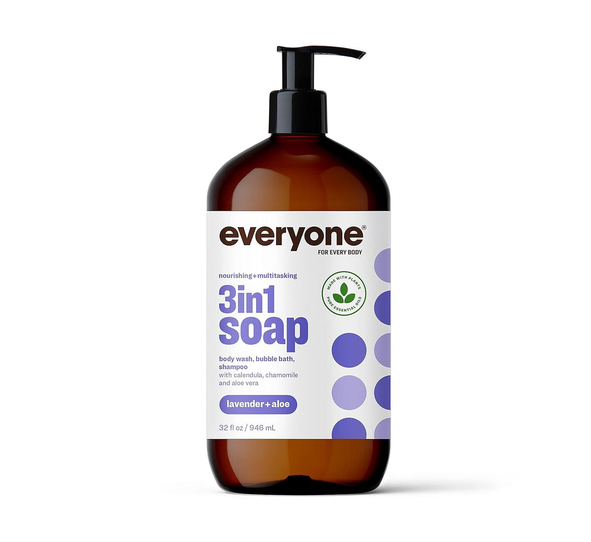 Everyone 3-in-1 Soap, Body Wash, Bubble Bath, Shampoo, 32 Ounce (Pack of 1), Lavender and Aloe, Coconut Cleanser with Organic Plant Extracts and Pure Essential Oils