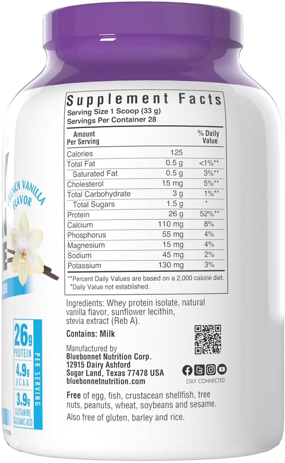 BlueBonnet Nutrition Whey Protein Isolate Powder From Grass Fed Cows, 26g of Protein, No Sugar Added, Gluten &amp; Soy free, kosher Dairy, 2 Lbs, 28 Servings, French Vanilla Flavor