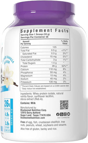BlueBonnet Nutrition Whey Protein Isolate Powder From Grass Fed Cows, 26g of Protein, No Sugar Added, Gluten & Soy free, kosher Dairy, 2 Lbs, 28 Servings, French Vanilla Flavor