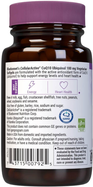 Bluebonnet Nutrition Cellular Active CoQ10 Ubiquinol 100 mg, Energy & Heart Health*, Non-GMO, Gluten-Free, Soy-Free, Vegetarian Friendly, 30 Vegetable Softgels, 30 Servings
