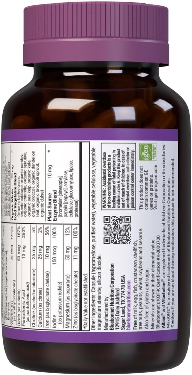 Bluebonnet Nutrition Maxi One (with Iron), Whole Food Multiple, Enzymes, Energy, Vitality, Gluten & Dairy & Soy Free, Kosher, Vegetarian Friendly, Non-GMO, 2 Month Supply, Beige, 60 Count
