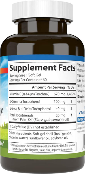 Carlson - E-Gems Elite, 1000 IU (670 mg) Vitamin E with Tocopherols and Tocotrienols, Optimal Wellness, 60 Softgels