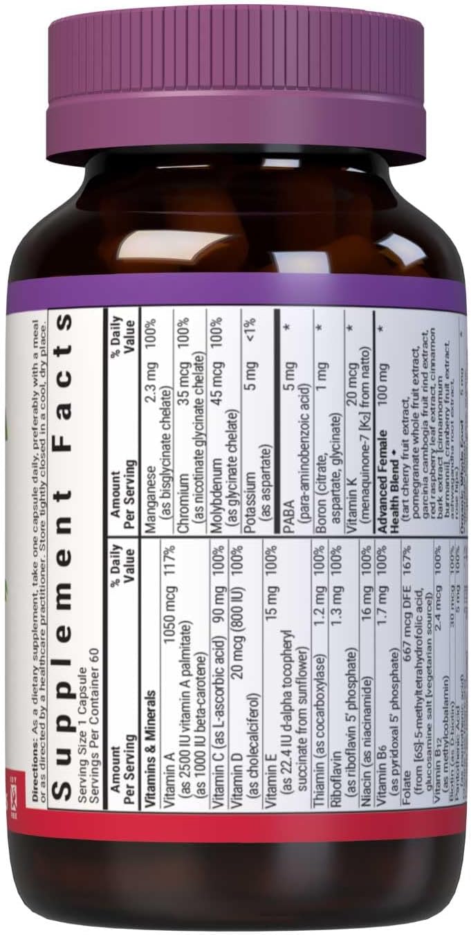 BlueBonnet Nutrition Ladies One Vegetable Capsule, Whole Food Multiple, K2, Organic Vegetable, Energy, Vitality, Non-GMO, Gluten Free, Soy Free, Milk Free, Kosher, 60 Vegetable Capsule