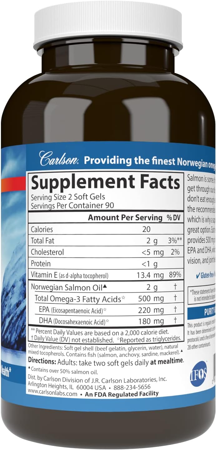 Carlson Salmon Oil, 500mg Omega-3s, Norwegian Wild-Caught Fish Oil, Sustainably Sourced, 180 Softgels