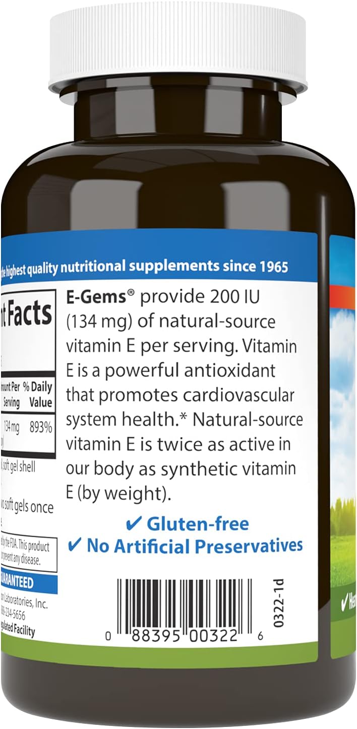 Carlson E-Gems 200 IU (134 mg), Natural-Source Vitamin E, Optimal Wellness, 250 Soft Gels