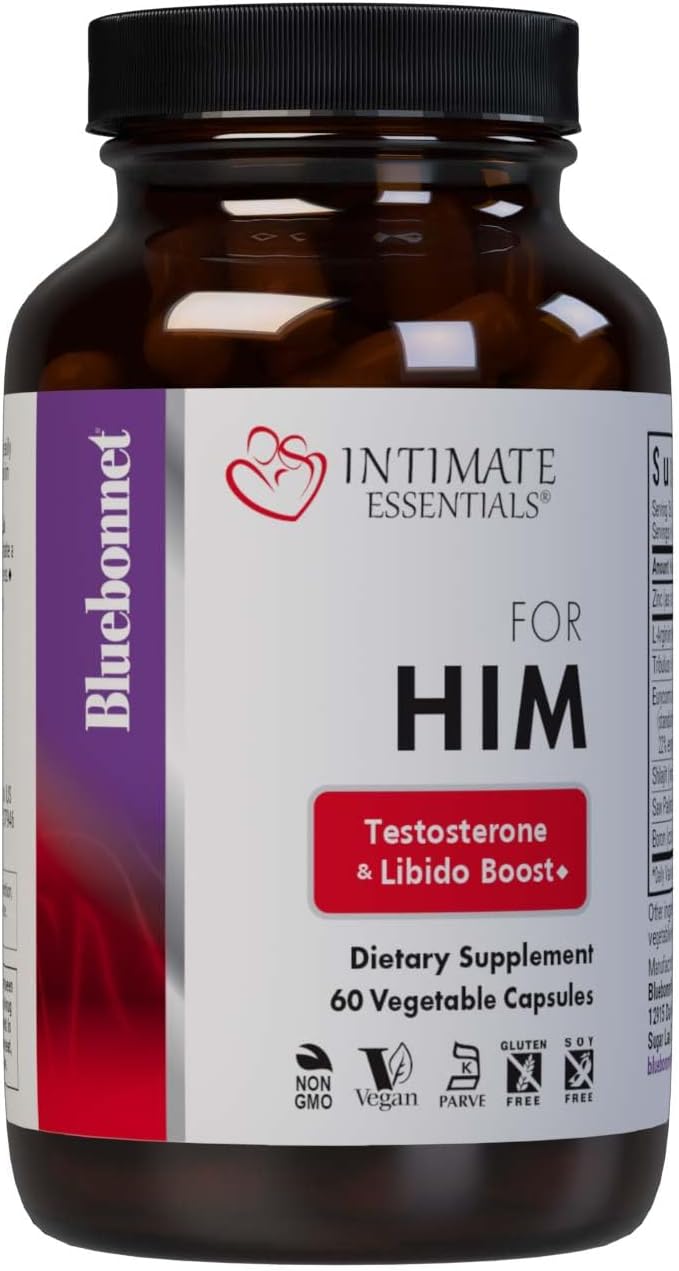 Bluebonnet Nutrition Intimate Essentials for Him, Testosterone &amp; Libido Boost*, on-GMO, Vegan, Kosher Certified, Gluten-Free, Soy-Free, Milk-Free, 60 Vegetable Capsules, 30 Servings