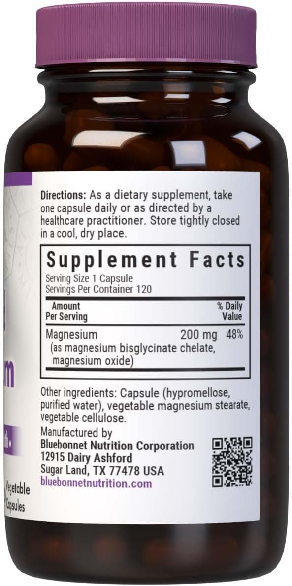 Bluebonnet Nutrition Albion Buffered Chelated Magnesium 200 mg, Magnesium Oxide, Stress Relief, Vegan, Non GMO, Gluten Free, Soy Free, Milk Free, Kosher, 120 Vegetable Capsules