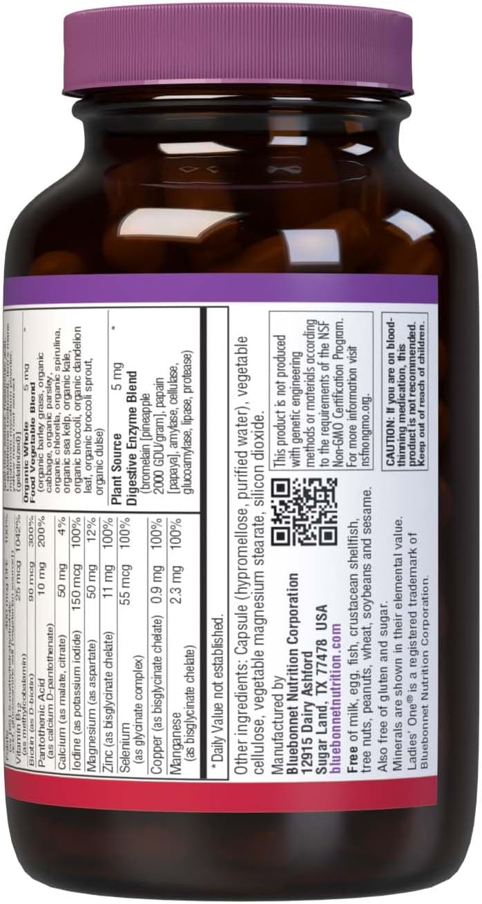 Bluebonnet Nutrition Ladies’ ONE 40+ Whole Food-Bed Multiple, Women Multivitamin for Women 40+, Soy-Free, Non-GMO, Gluten Free, 60 Vegetable Capsules, 60 Servings | Non-GMO, Kosher, Gluten-Free, Soy-Free