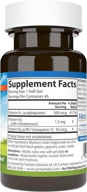 Carlson - K Complete, K1 & K2 as MK-4 & MK-7, Promotes Bone & Cardiovascular System Health, 45 Softgels