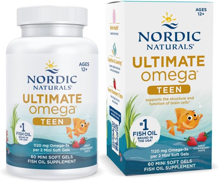 Nordic Naturals Ultimate Omega 2X Teen, Strawberry - 60 Mini Soft Gels - 1120 mg Total Omega-3s with EPA &amp; DHA - Brain Health, Positive Mood, Social Development, Learning - Non-GMO - 30 Servings