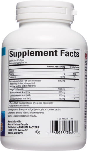 Natural Factors RxOmega-3 Ultra Strength Fish Oil with Vitamin D3, High Potency Formula, 2,150 mg, No Fishy Aftertaste, 60 Softgels