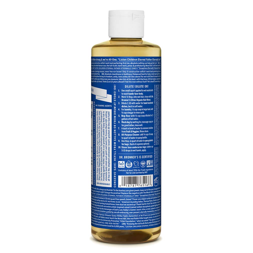 Dr. Bronner&#39;s - Pure-Castile Liquid Soap (Peppermint, 16 ounce) - Made with Organic Oils, 18-in-1 Uses: Face, Body, Hair, Laundry, Pets and Dishes, Concentrated, Vegan, Non-GMO