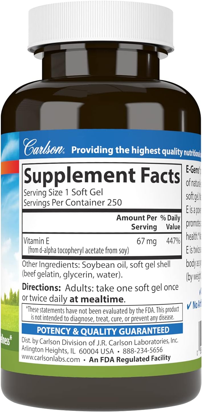 Carlson - E-Gems, 100 IU, Heart Health &amp; Optimal Wellness, Antioxidant, 250 soft gels
