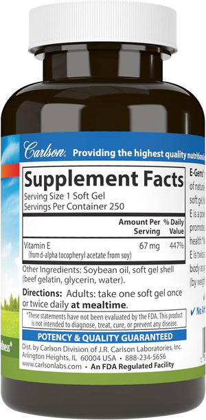 Carlson - E-Gems, 100 IU, Heart Health & Optimal Wellness, Antioxidant, 250 soft gels