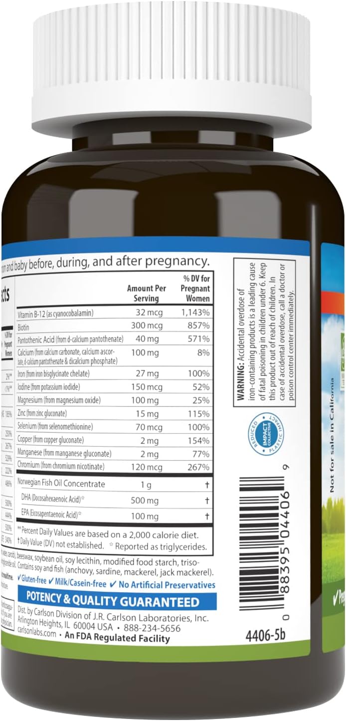 Carlson - Prenatal, Multiple with DHA &amp; Vitamin D3, Pregnancy Health, Fetal Development &amp; Immune Support, 60 Softgels