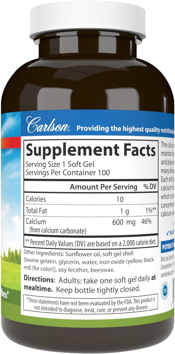 Carlson - Cal-600, 600 mg Calcium, Bone Support, Healthy Teeth &amp; Optimal Wellness, 100 Softgels