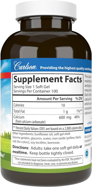 Carlson - Cal-600, 600 mg Calcium, Bone Support, Healthy Teeth & Optimal Wellness, 100 Softgels