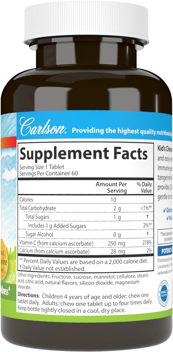 Carlson - Kid&#39;s Chewable Vitamin C, 250 mg, 1 g of Sugars, Immune Support &amp; Optimal Wellness, Antioxidant, Tangerine, 60 Vegetarian Tablets
