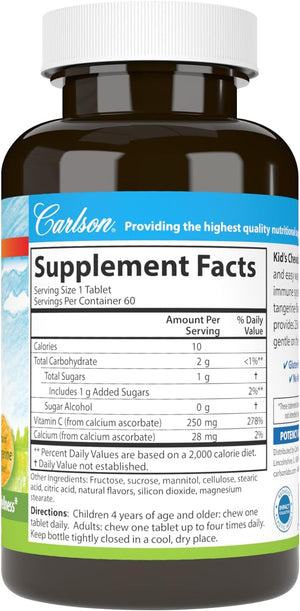 Carlson - Kid's Chewable Vitamin C, 250 mg, 1 g of Sugars, Immune Support & Optimal Wellness, Antioxidant, Tangerine, 60 Vegetarian Tablets