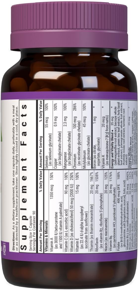 Bluebonnet Nutrition Maxi One (with Iron), Whole Food Multiple, Enzymes, Energy, Vitality, Gluten-Free, Kosher, Dairy-Free, Vegetarian Friendly, Soy-Free, Non-GMO, 90 Vegetable Capsule, 3 Month Supply, Beige