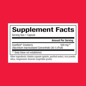 Natural Factors CranRich, Super Strength 36:1 Cranberry Concentrate, 500 mg, Sugar-Free Whole Fruit Cranberry Pills for Urinary Tract Health, 180 Capsules