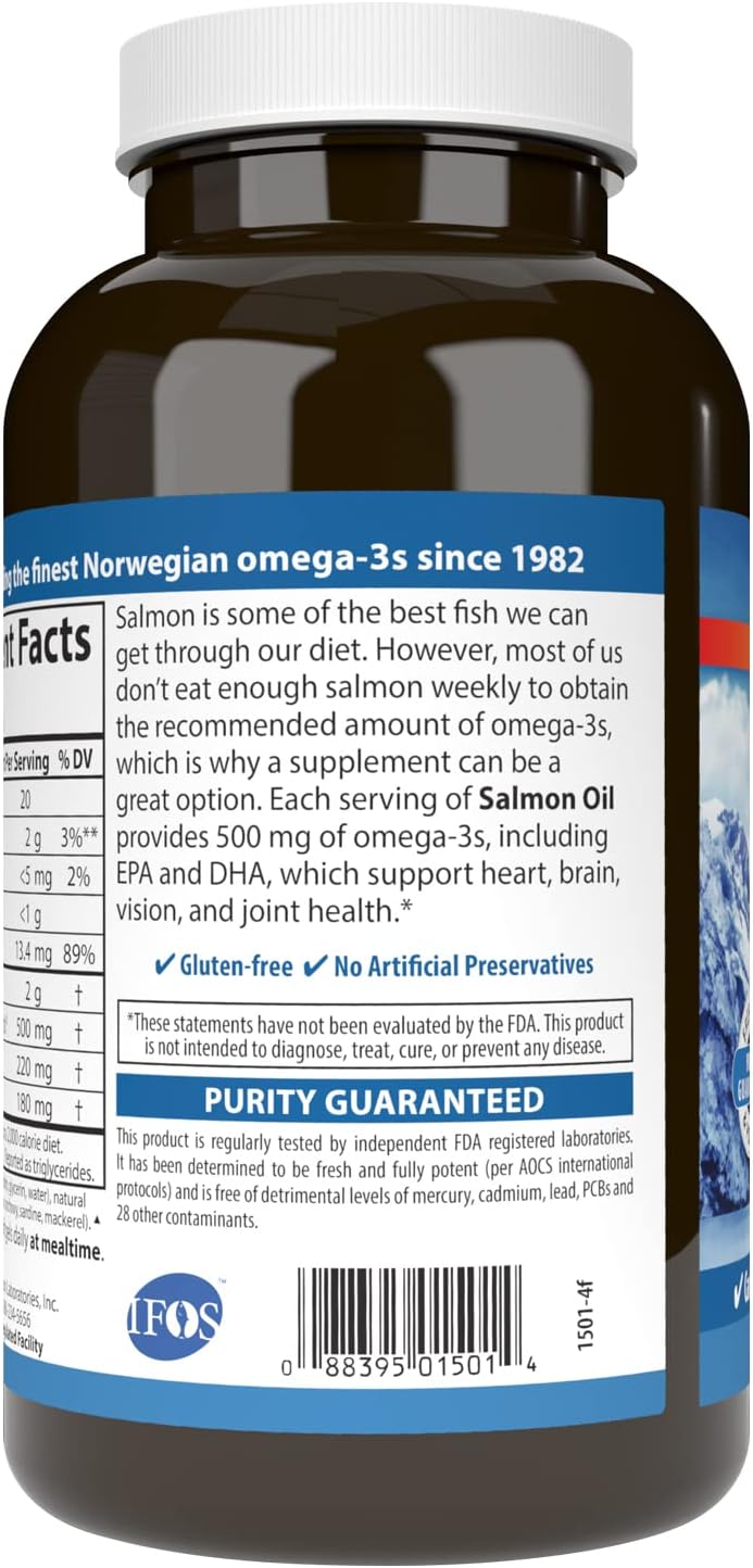 Carlson Salmon Oil, 500mg Omega-3s, Norwegian Wild-Caught Fish Oil, Sustainably Sourced, 180 Softgels