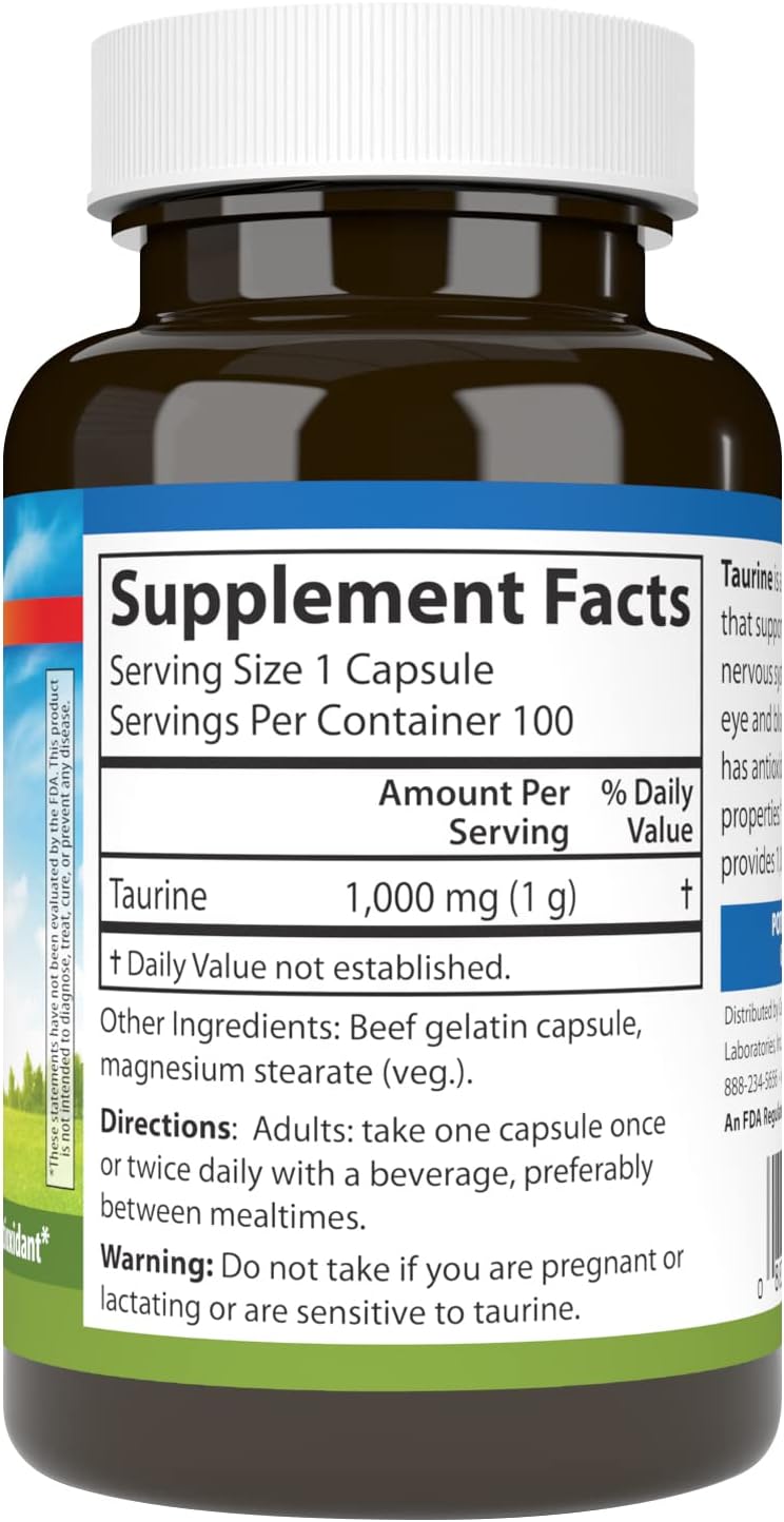 Taurine, Free-Form Amino Acid, Cardiovascular Support, Nerve Health &amp; Muscle Function, 100 Capsules