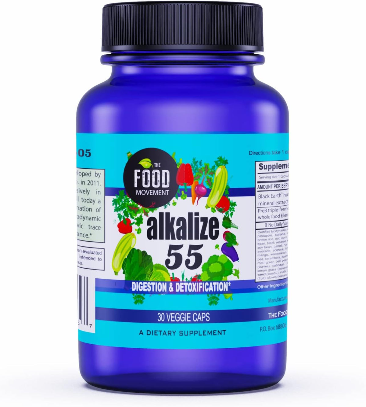 The Food Movement - Alkalize 55, 55 Fermented Foods with Black Earth Humic Fulvic Trace Minerals, Electrolytes pH Balance, Immune Boosting, Vegan - 30 Veggie caps