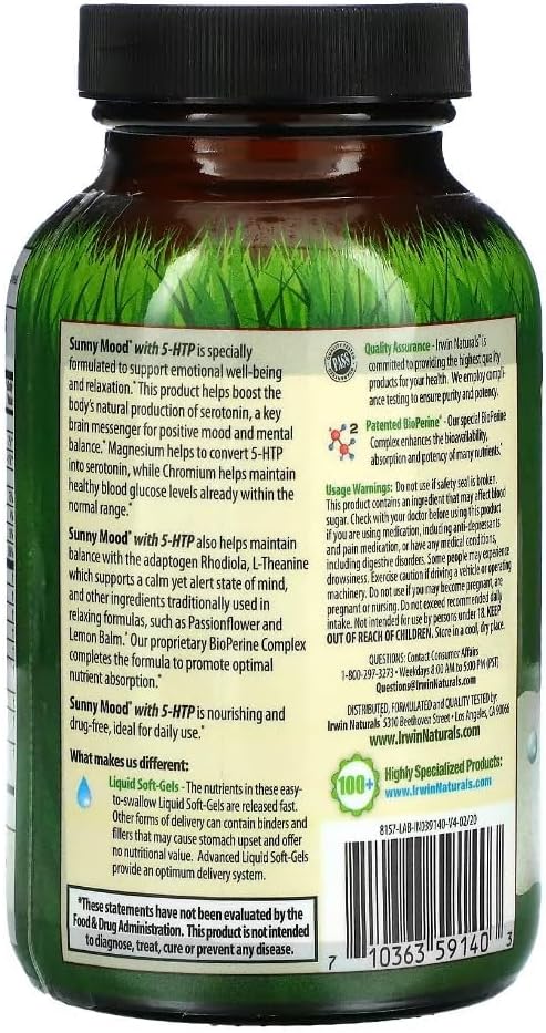Irwin Naturals Sunny Mood with 5-HTP - 80 Liquid Soft-Gels - Supports Emotional Well-Being &amp; Relaxation - 40 Servings