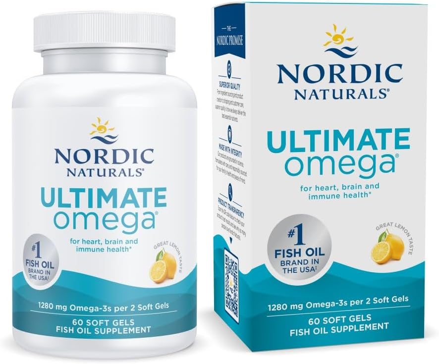Nordic Naturals Ultimate Omega, Lemon Flavor - 60 Soft Gels - 1280 mg Omega-3 - High-Potency Fish Oil Supplement with EPA &amp; DHA - Promotes Brain &amp; Heart Health - Non-GMO - 30 Servings