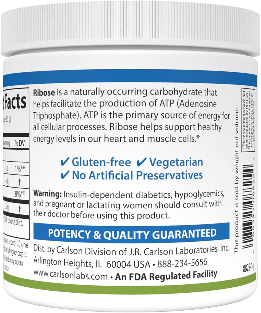 Carlson - Ribose, 100% Pure D-Ribose, Non-GMO, Energy Production, Muscle Recovery &amp; Athletic Performance, 3.53 oz (100 g)
