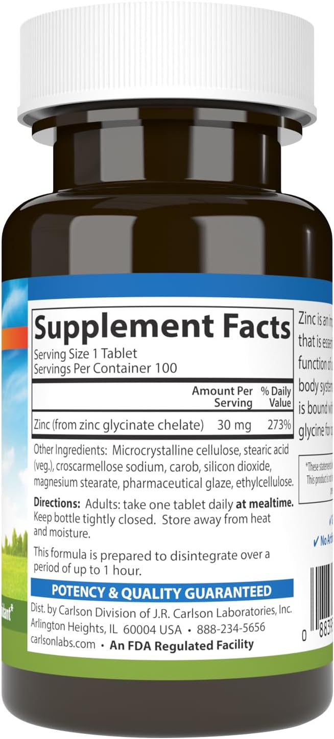 Carlson - Chelated Zinc, 30 mg - Superior Absorption, Immune Support &amp; Enzyme Function, Antioxidant, 100 tablets