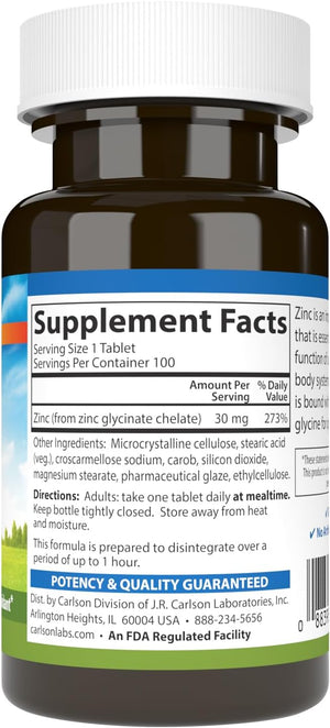 Carlson - Chelated Zinc, 30 mg - Superior Absorption, Immune Support & Enzyme Function, Antioxidant, 100 tablets