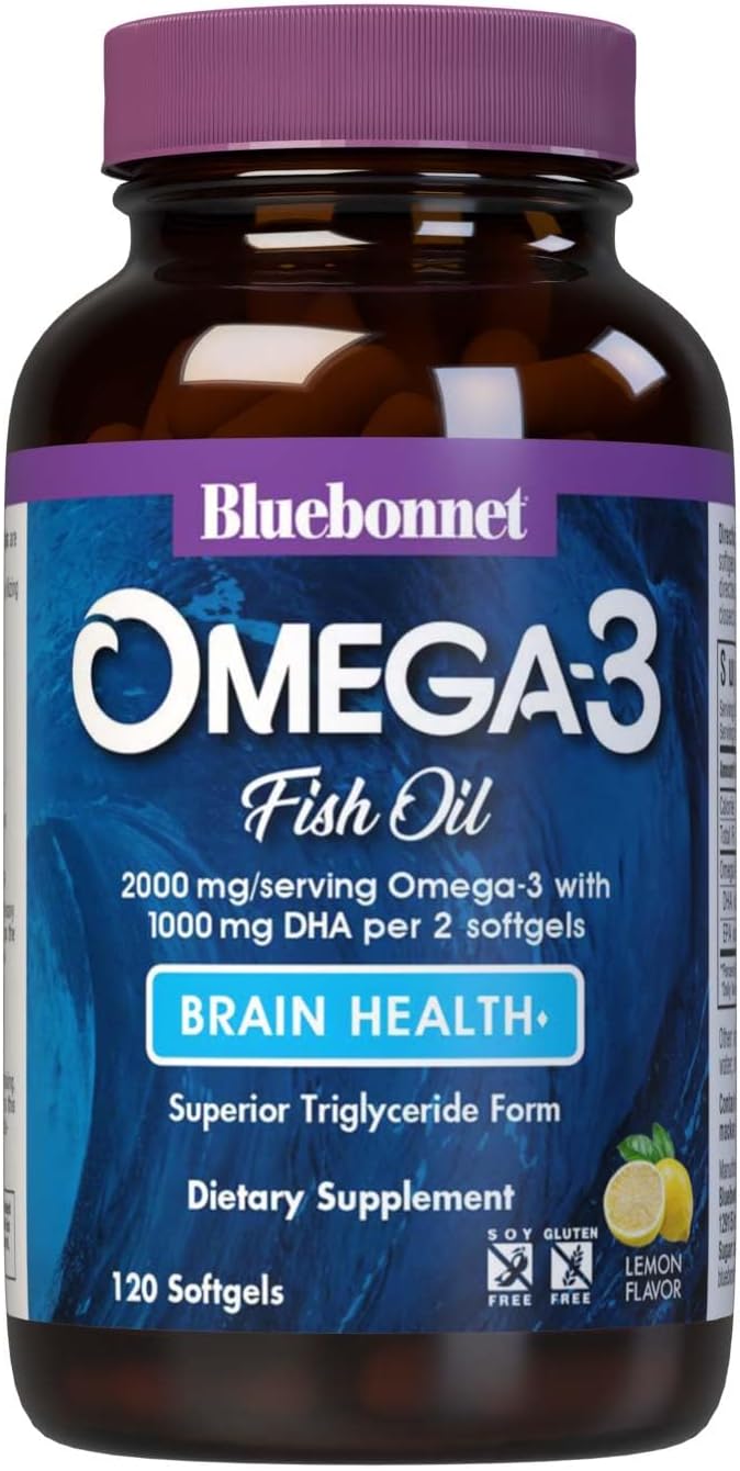 BlueBonnet Nutrition Omega-3 Brain Formula Natural Wild Caught Triglyceride Form DHA 1000 mg EPA 210 mg, Highly Concentrated Cognitive Health &amp; Wellness Support Supplement, Gluten-Free Softgel, Yellow/Clear, Lemon, 120 Count