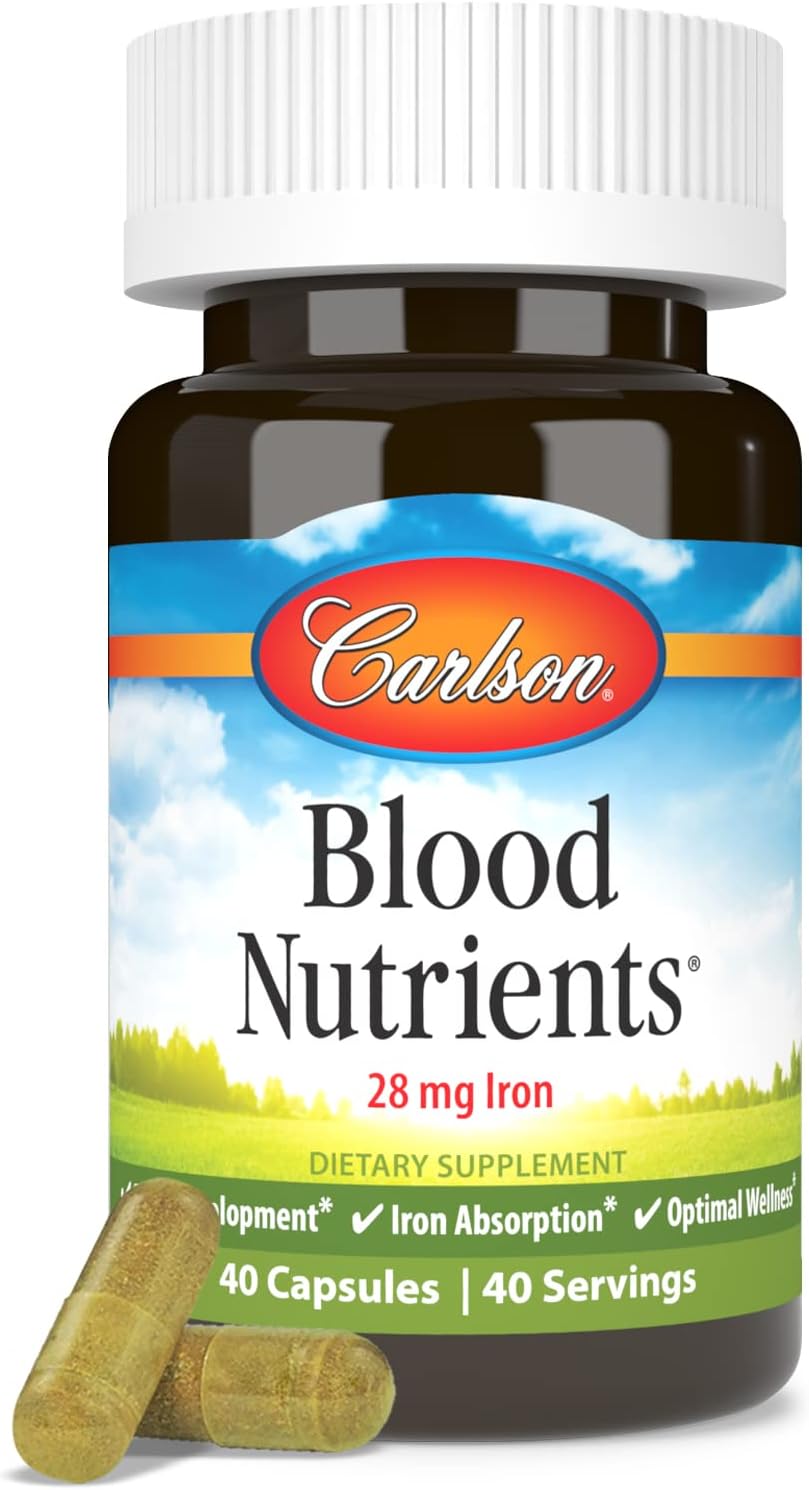 Carlson - Blood Nutrients, 28 mg Iron, Blood Development, Iron Absorption &amp; Optimal Wellness, 40 Capsules
