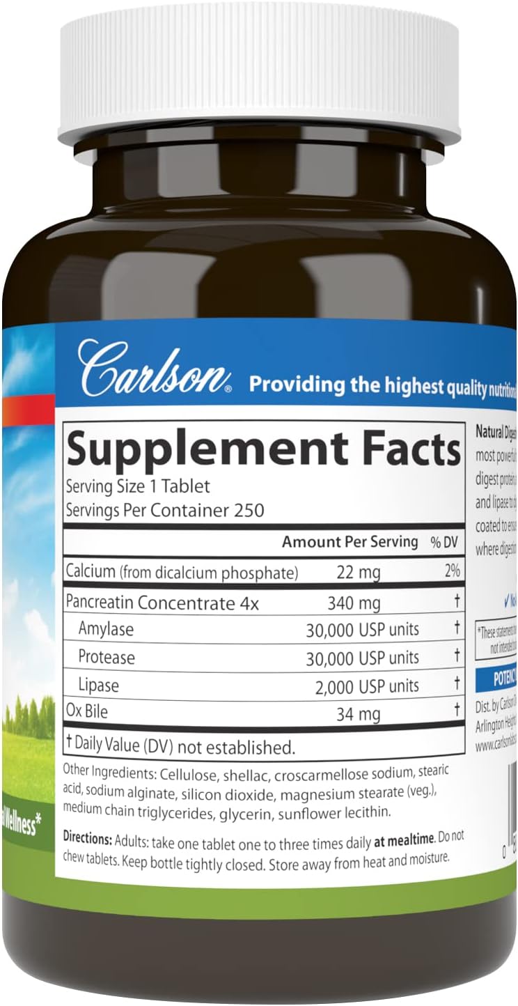Carlson - Natural Digestive Enzymes, Digestive Aid #34 with Protease, Amylase &amp; Lipase, Digestive Support, Nutrient Absorption &amp; Optimal Wellness, 250 Tablets