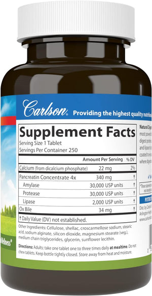 Carlson - Natural Digestive Enzymes, Digestive Aid #34 with Protease, Amylase & Lipase, Digestive Support, Nutrient Absorption & Optimal Wellness, 250 Tablets