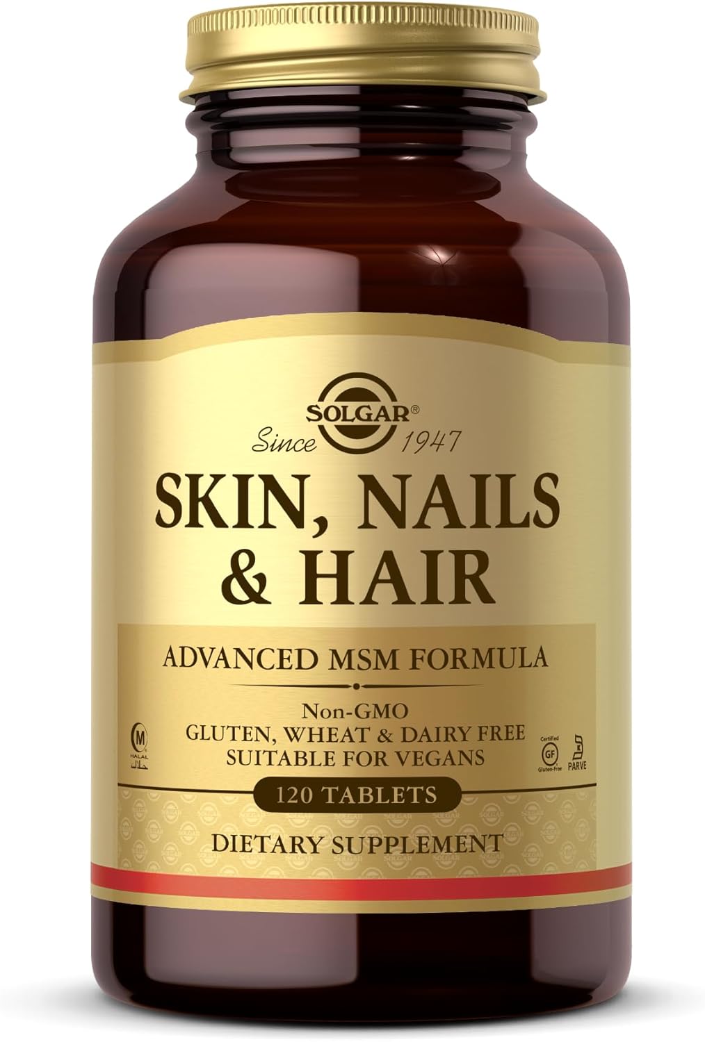 Solgar Skin, Nails &amp; Hair, Advanced MSM Formula, 120 Tablets - Supports Collagen for Hair, Nail and Skin Health - Provides Zinc, Vitamin C &amp; Copper - Non GMO, Vegan, Gluten &amp; Dairy Free - 60 Servings ,Standard Packaging , 120 Count