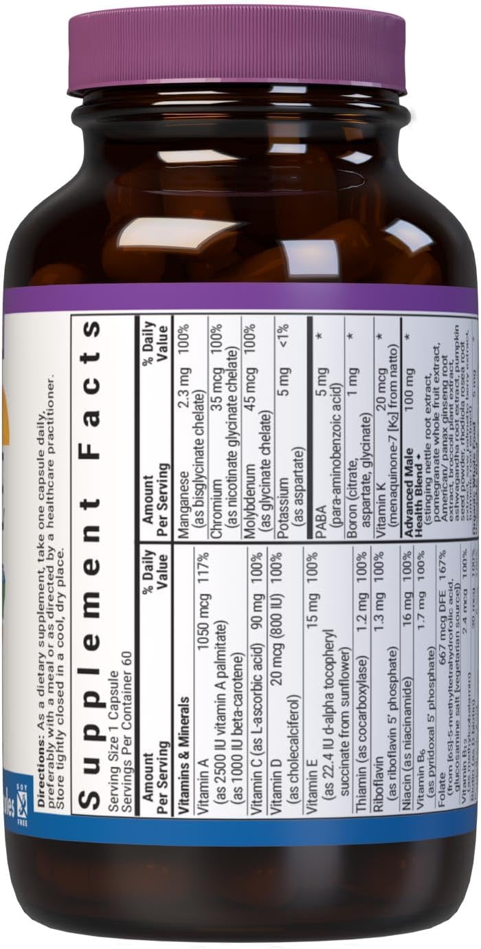 Bluebonnet Nutrition One for Men Whole Food-Based Multiple, Daily Nutrition*, Non-GMO, Vegetarian Friendly, Kosher, Gluten-Free, Soy-Free, Dairy-Free, Iron Free, 60 Vegetable Capsules, 60 Servings