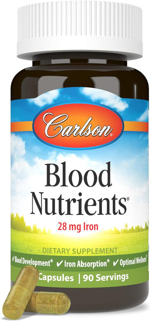 Carlson - Blood Nutrients, 28 mg Iron, Blood Development, Iron Absorption & Optimal Wellness, 90 Capsules